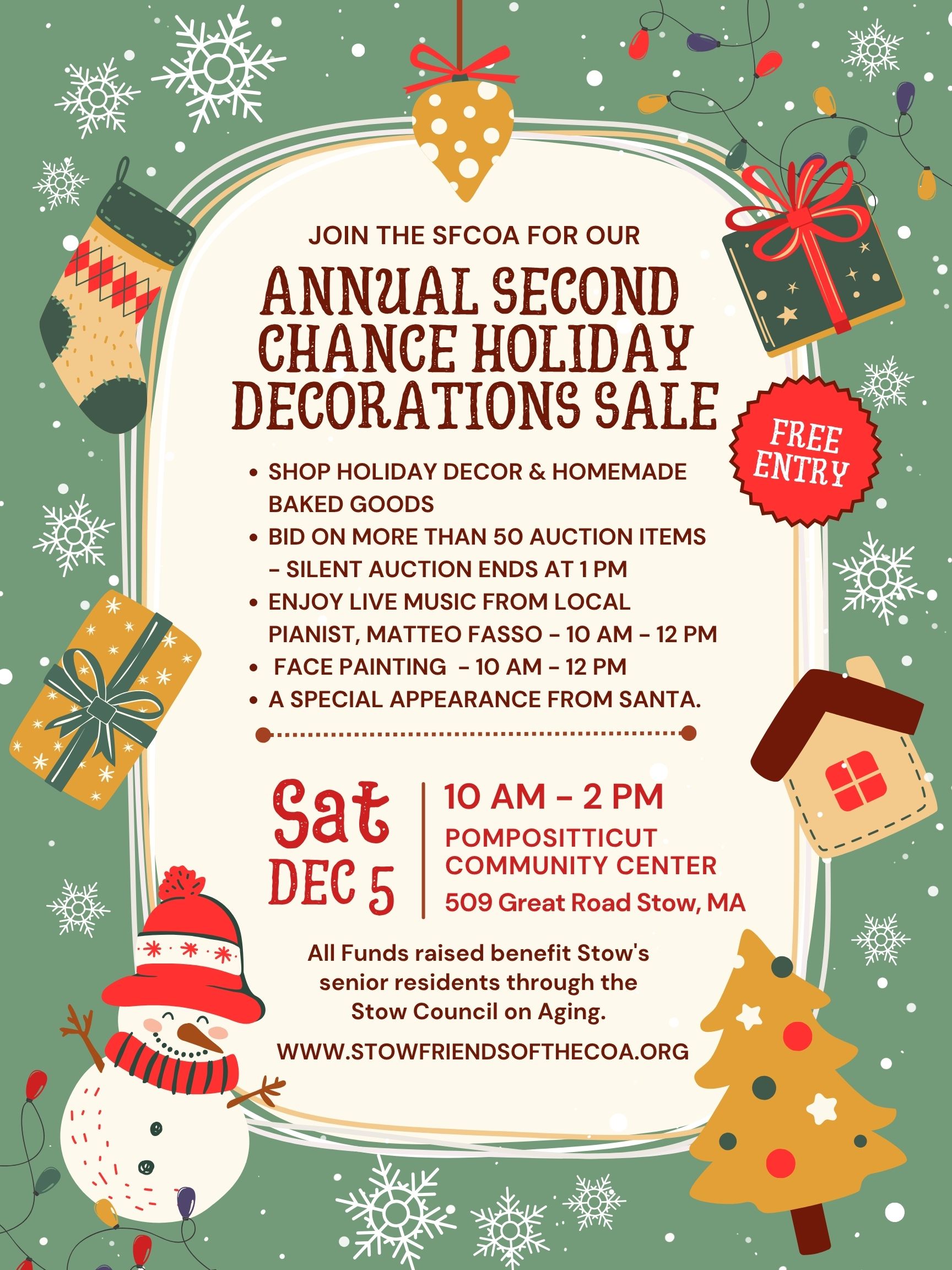 Flier for the SFCOA Second Chance Holiday Sale. Shop holiday decor & homemade baked goods. Bid on more than 50 auction items (silent auction ends at 1PM). Enjoy live music from local pianist, Matteo Fasso. Face Painting. A special appearance from Santa. Dec 5, 10AM - 2PM.