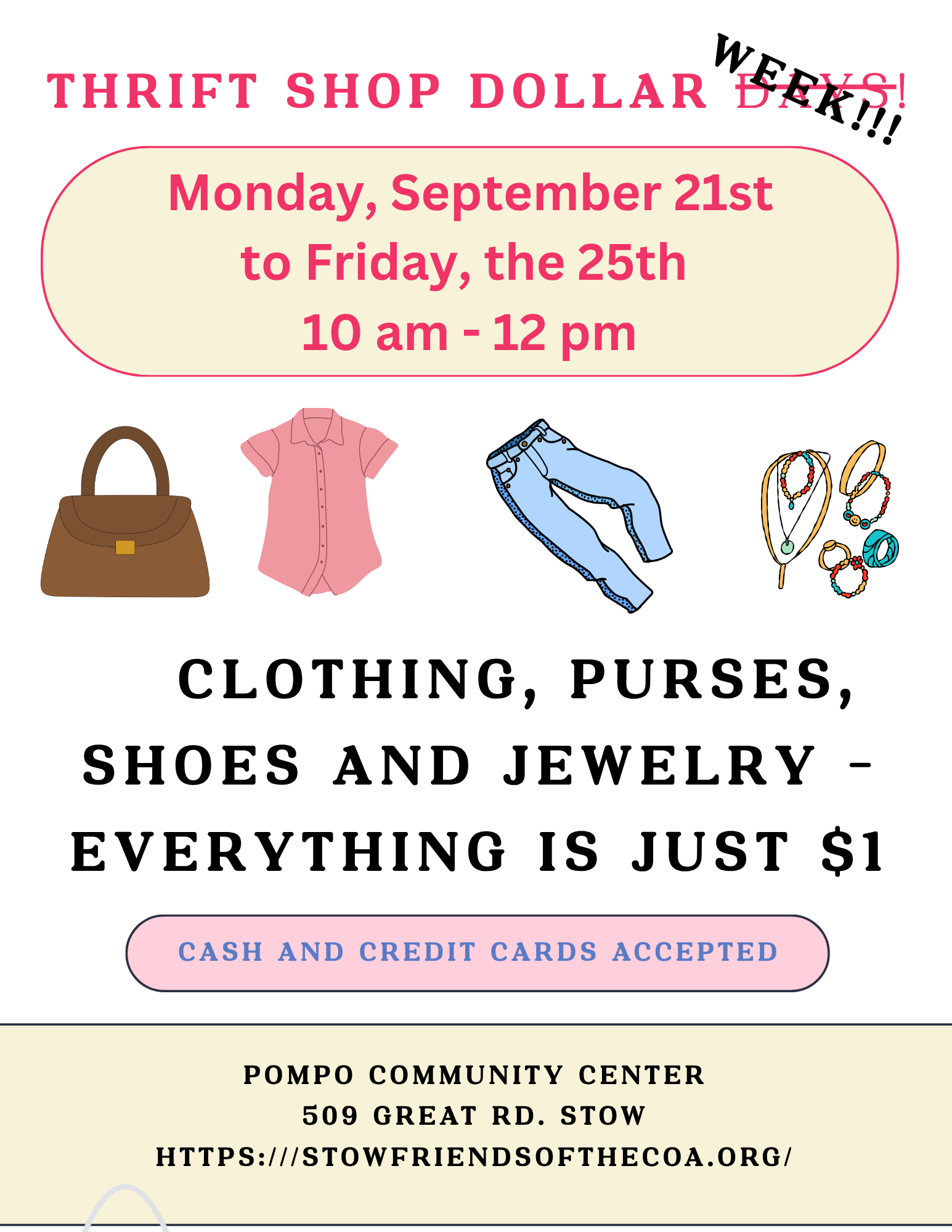 Advertisement for the SFCOA Thrift Shop Dollar Week. Clothing, shoes, and accessories just $1. September 21st to 28th, 10am to 12pm.