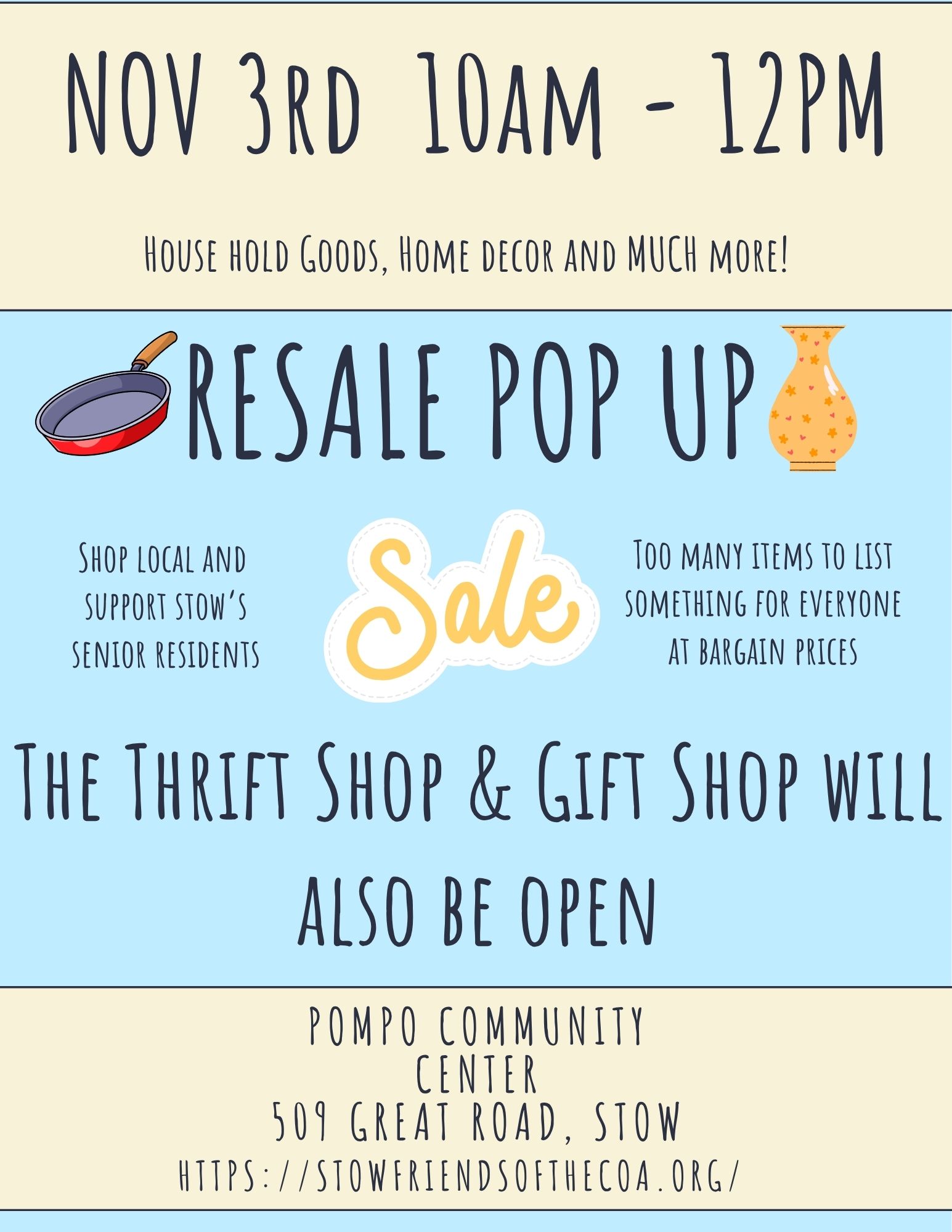 Flier for SFCOA Resale Shop, which will feature a variety of household goods and decor for sale. Nov 3, 10AM-12PM